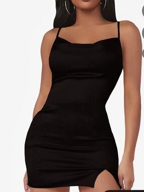 Black Satin Slip Mini Dress with Side Slit